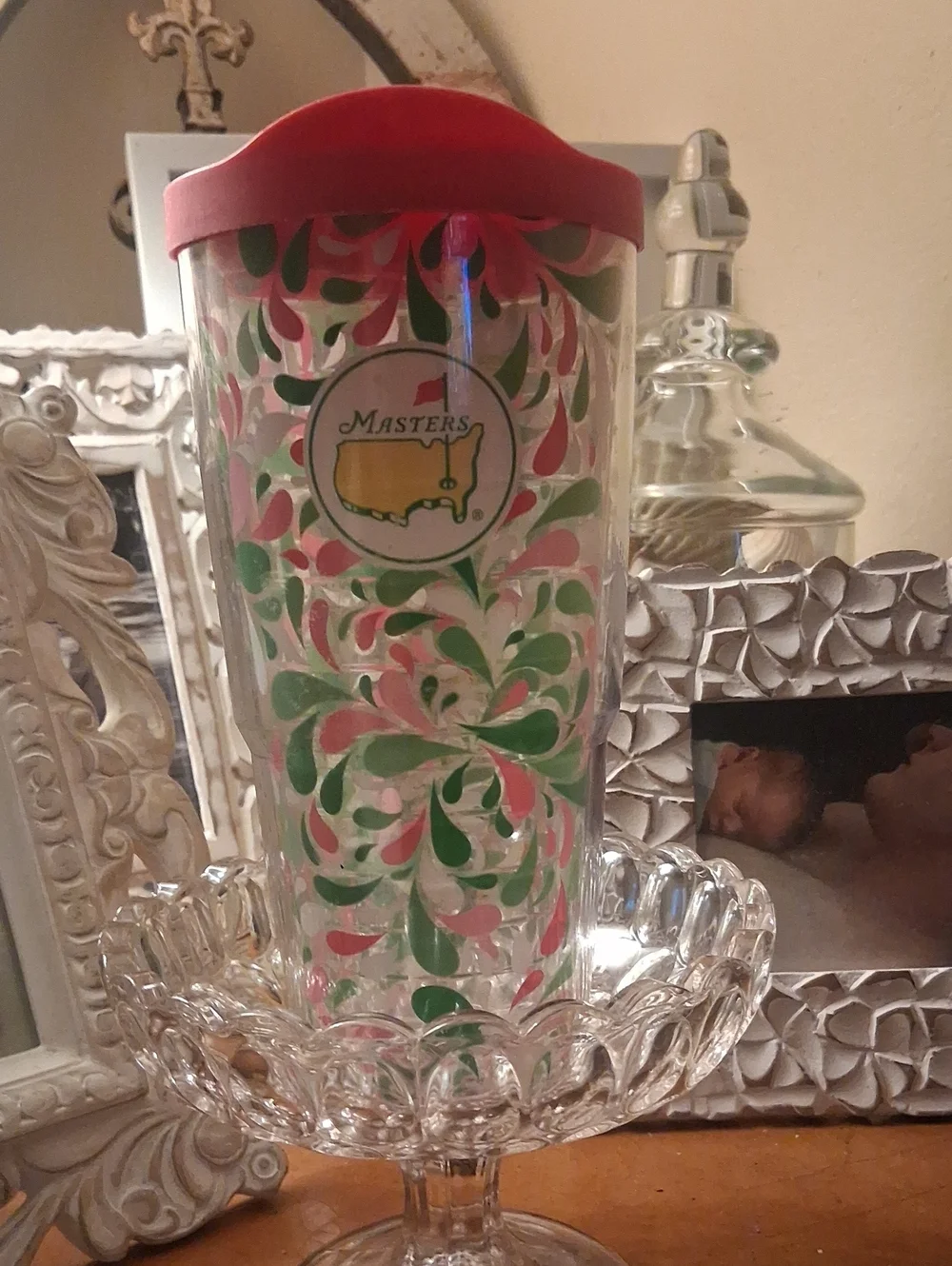 Masters tervis Tumbler with Red Lid and Pink & Green Swirl Design